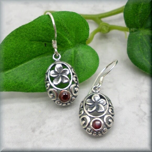 Garnet Flower Earrings - January Birthstone