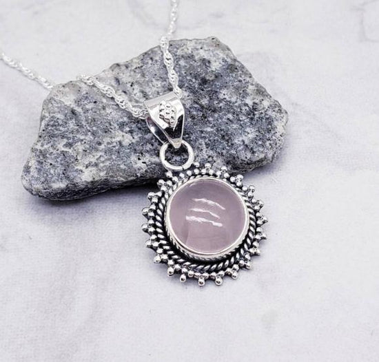 Sunburst Rose Quartz Necklace - Gemstone Necklace - October Birthstone