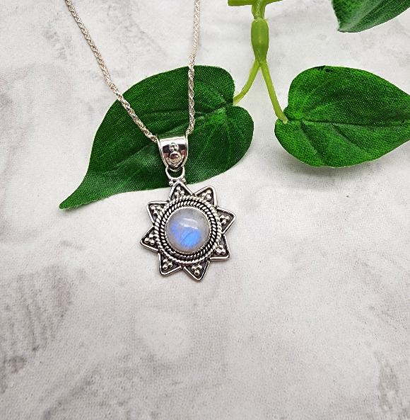 Rainbow Moonstone Eight Pointed Star of Lakshmi Necklace - Sterling Silver