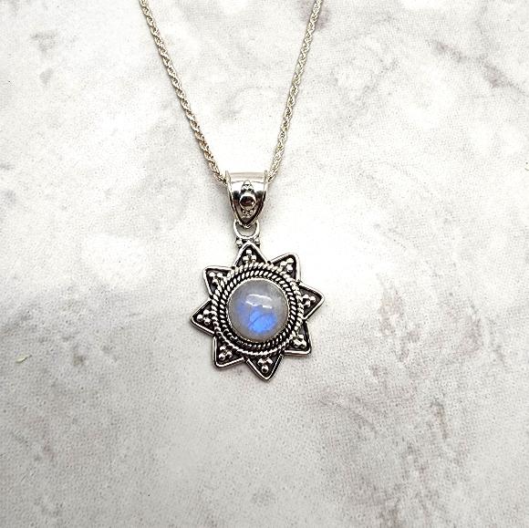 Rainbow Moonstone Eight Pointed Star of Lakshmi Necklace - Sterling Silver