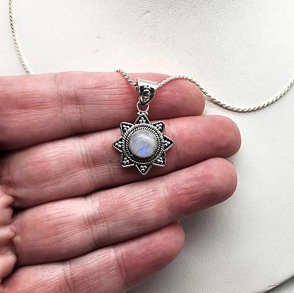 Rainbow Moonstone Eight Pointed Star of Lakshmi Necklace - Sterling Silver