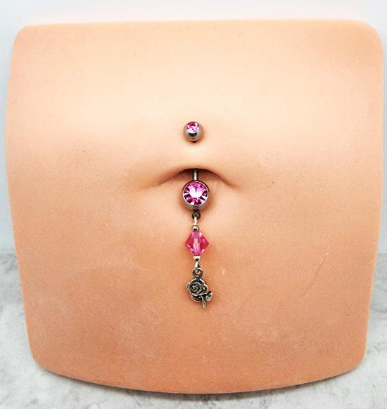 Pink Rose Crystal Flower Belly Ring - Body Jewelry