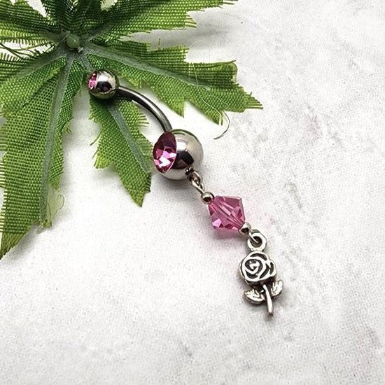 Pink Rose Crystal Flower Belly Ring - Body Jewelry