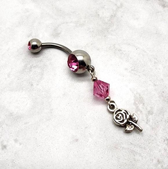 Pink Rose Crystal Flower Belly Ring - Body Jewelry