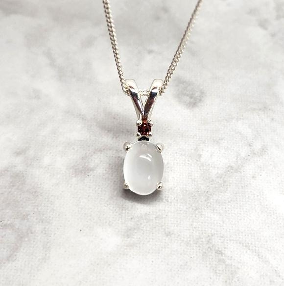 Oval White Moonstone and Garnet Gemstone Necklace - Sterling Silver