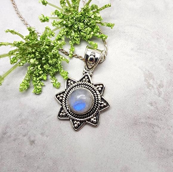 Rainbow Moonstone Eight Pointed Star of Lakshmi Necklace - Sterling Silver