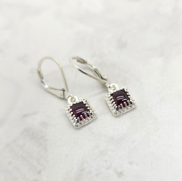 Small Square Garnet Leverback Earrings - January Birthstone