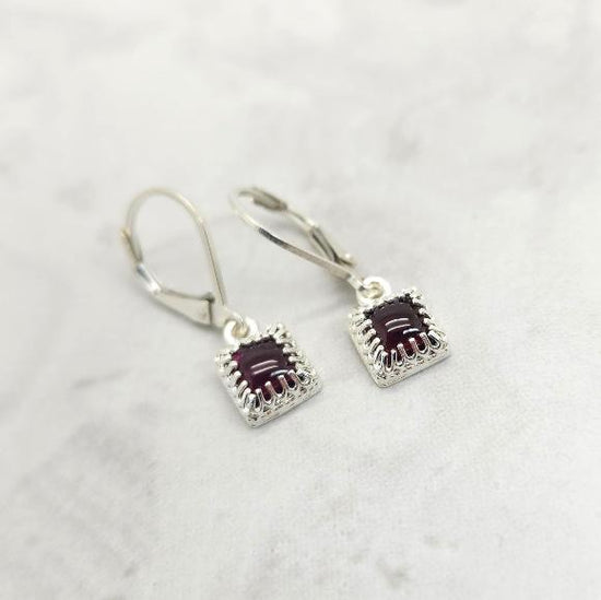 Small Square Garnet Leverback Earrings - January Birthstone