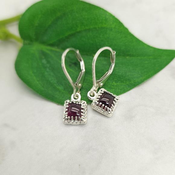 Small Square Garnet Leverback Earrings - January Birthstone