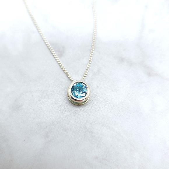 Aquamarine CZ Slider Necklace, Layering, Feminine, 6mm Solitaire Pendant, Sterling Silver, Blue Gemstone, March Birthstone, Birthday Gift