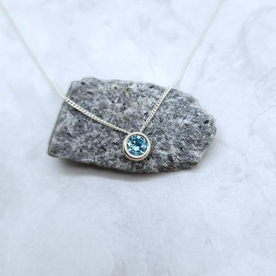 Aquamarine CZ Slider Necklace, Layering, Feminine, 6mm Solitaire Pendant, Sterling Silver, Blue Gemstone, March Birthstone, Birthday Gift