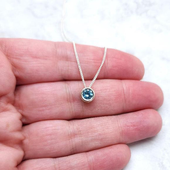 Aquamarine CZ Slider Necklace, Layering, Feminine, 6mm Solitaire Pendant, Sterling Silver, Blue Gemstone, March Birthstone, Birthday Gift