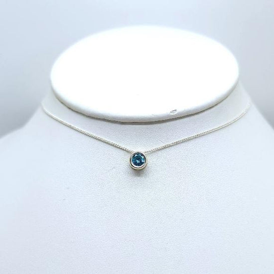 Aquamarine CZ Slider Necklace, Layering, Feminine, 6mm Solitaire Pendant, Sterling Silver, Blue Gemstone, March Birthstone, Birthday Gift