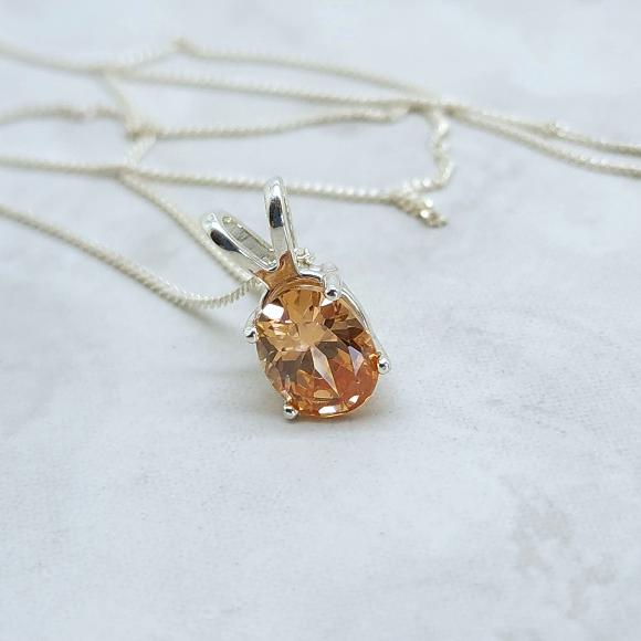 Oval Golden Brown Champagne CZ Necklace - Sterling Silver