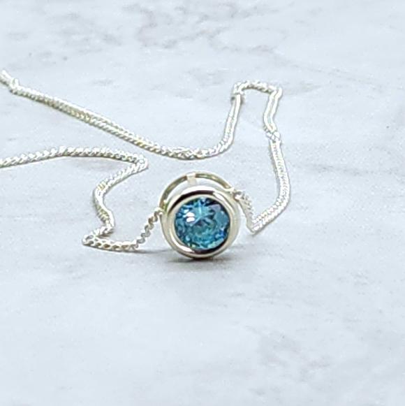 Aquamarine CZ Slider Necklace, Layering, Feminine, 6mm Solitaire Pendant, Sterling Silver, Blue Gemstone, March Birthstone, Birthday Gift