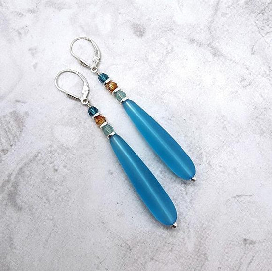 Long Aqua Blue Frosted Teardrop Earrings