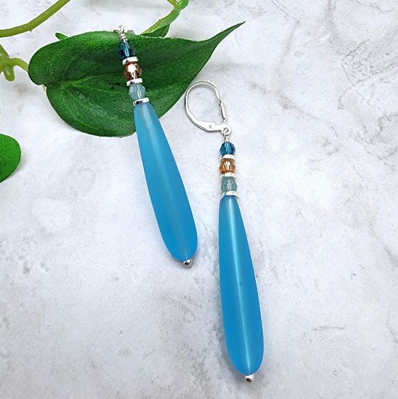 Long Aqua Blue Frosted Teardrop Earrings