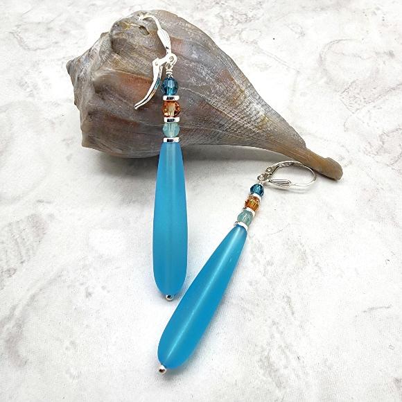 Long Aqua Blue Frosted Teardrop Earrings