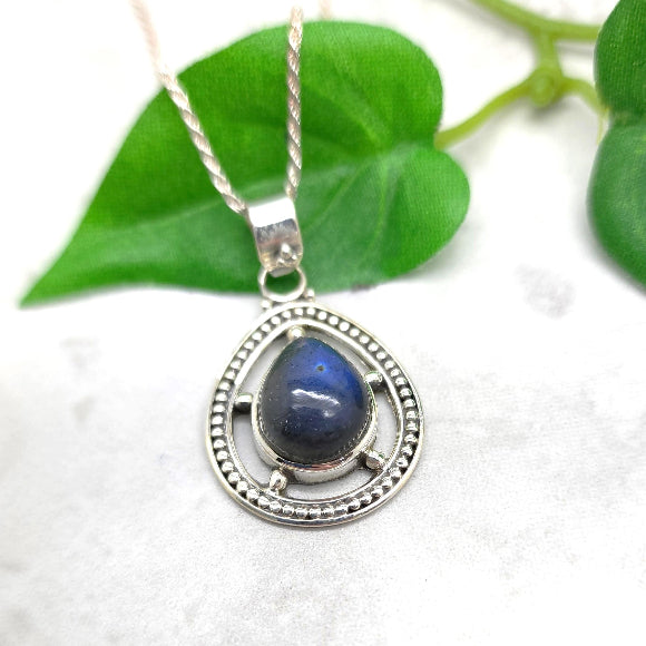 Labradorite Teardrop Compass Style Necklace - Sterling Silver