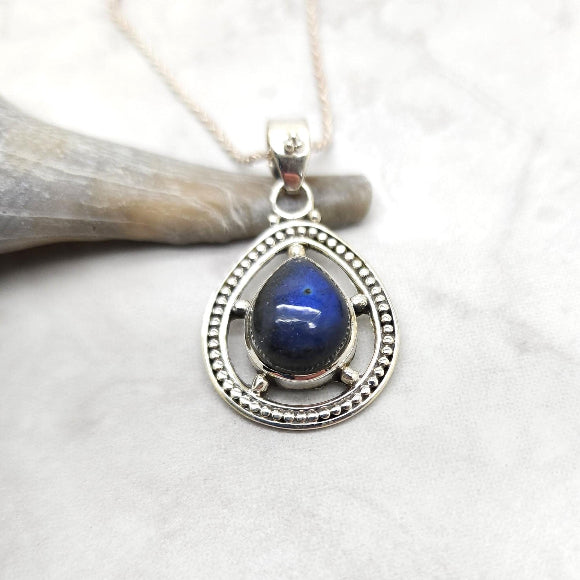 Labradorite Teardrop Compass Style Necklace - Sterling Silver