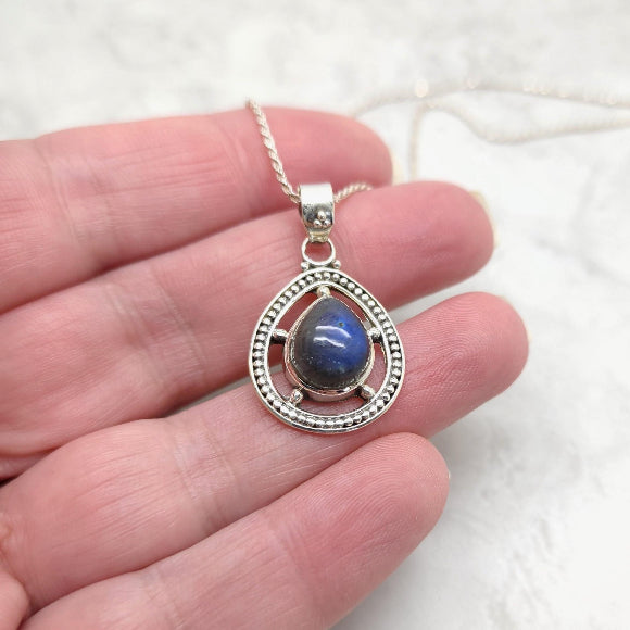 Labradorite Teardrop Compass Style Necklace - Sterling Silver