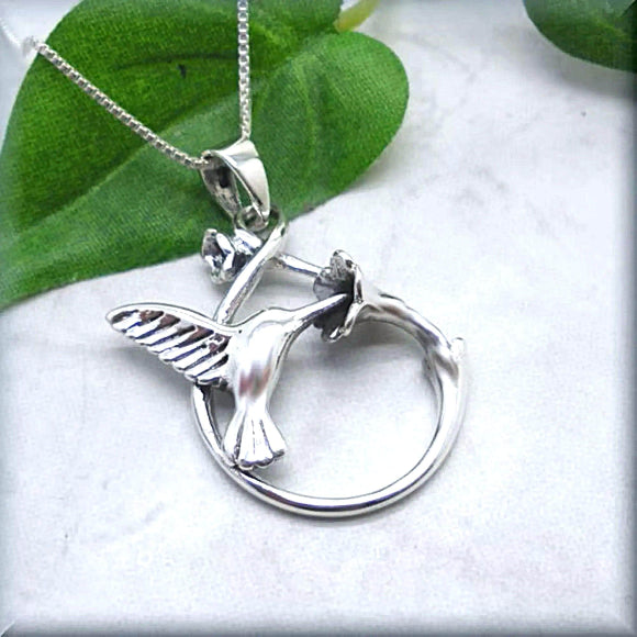 Hummingbird Sipping Nectar Necklace - Sterling Silver