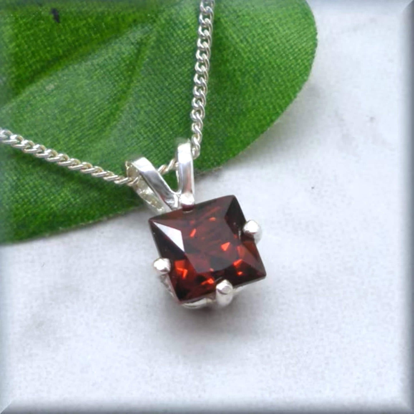 Garnet Necklace - Princess Cut Gemstone Necklace - January Birthstone