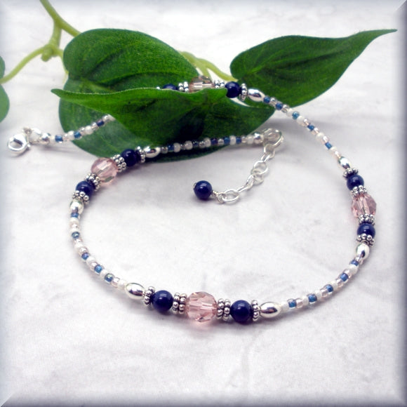 pink crystal and blue pearl anklet by Bonny Jewelry