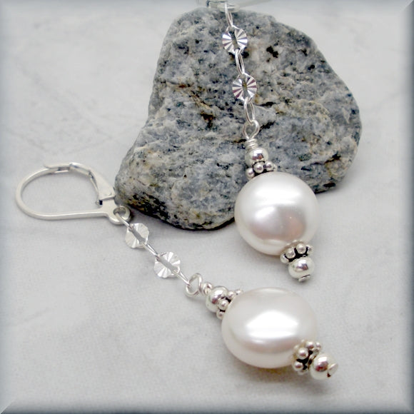 white coin pearl earrings with sterling silver accents