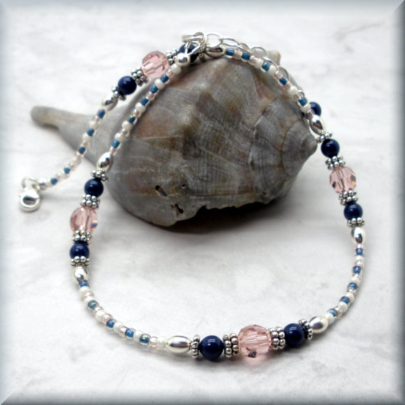 Adjustable anklet in antique pink crystals and blue pearls by Bonny Jewelry