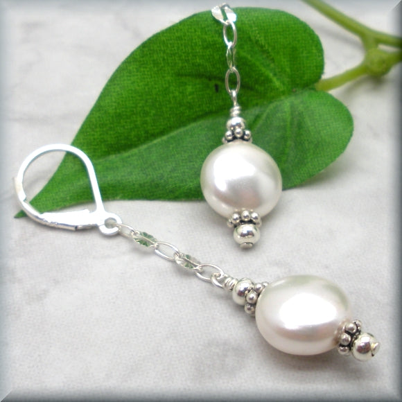 Long white pearl dangle sterling silver earrings 