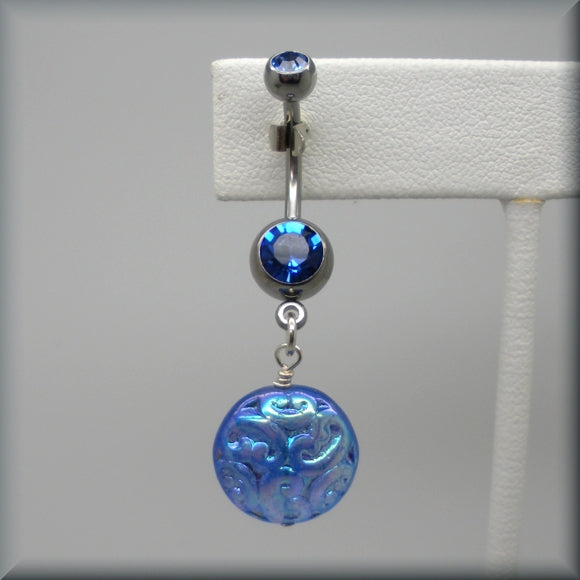 Royal blue vintage button belly ring by Bonny Jewelry