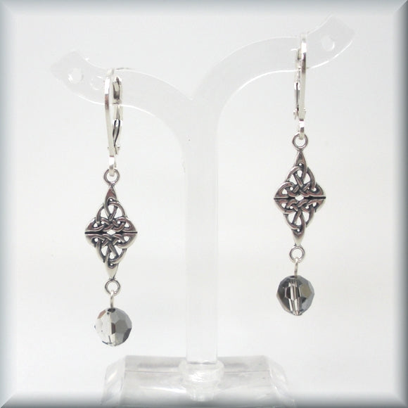 Dark grey swarovski crystal earrings with Celtic knot detail by Bonny Jewelry