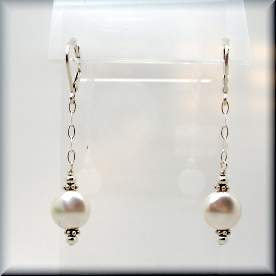 White coin pearl dangle earrings in sterling silver