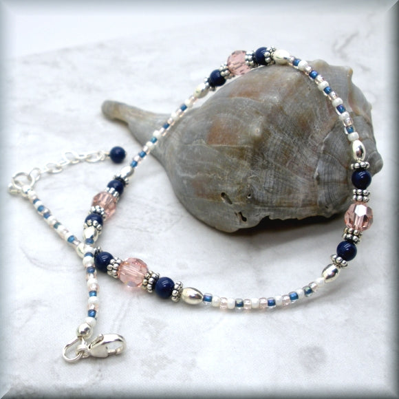 Adjustable ankle bracelet in pink crystals and navy blue pearls by Bonny Jewelry