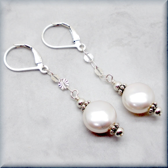 Swarovski coin pearl earrings with silver accents