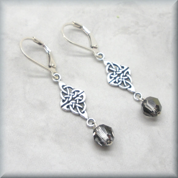 Sterling silver crystal silver night earrings with Celtic knot component