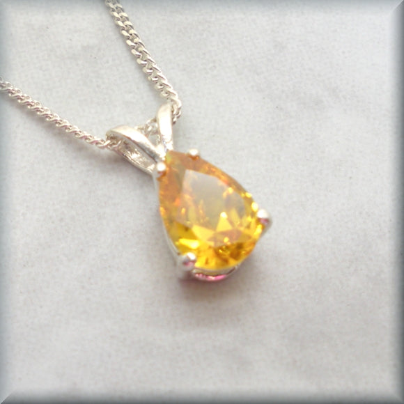 Pear shaped yellow cubic zirconia sterling silver necklace by Bonny Jewelry