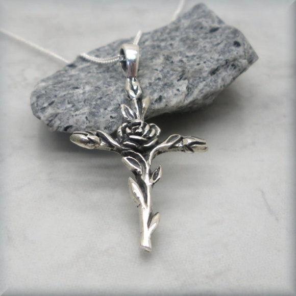 Rose Entwined Cross Necklace - Religious Jewelry