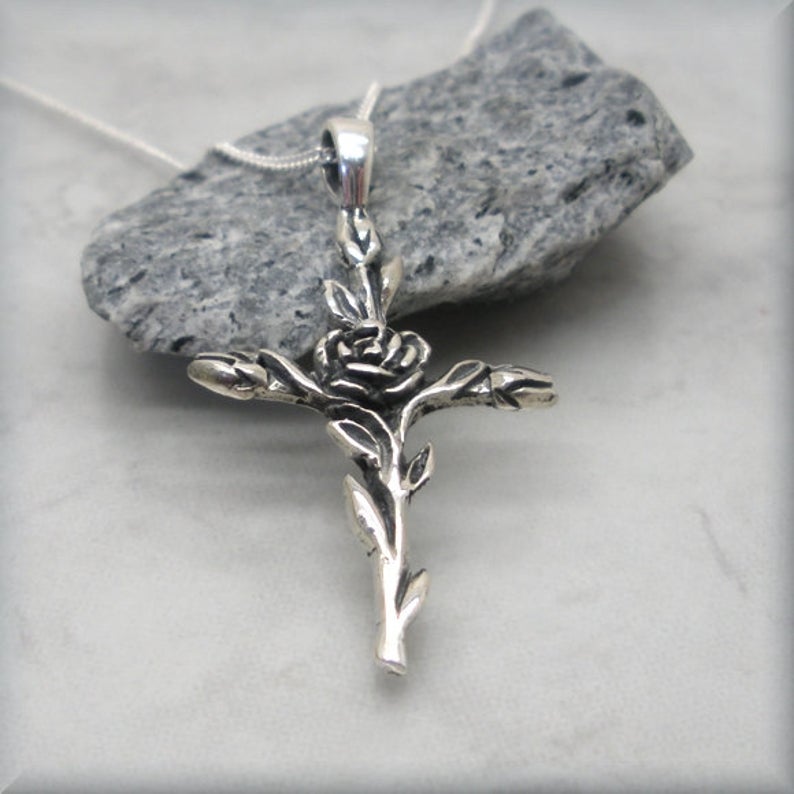 christian cross with rose entwined sterling silver