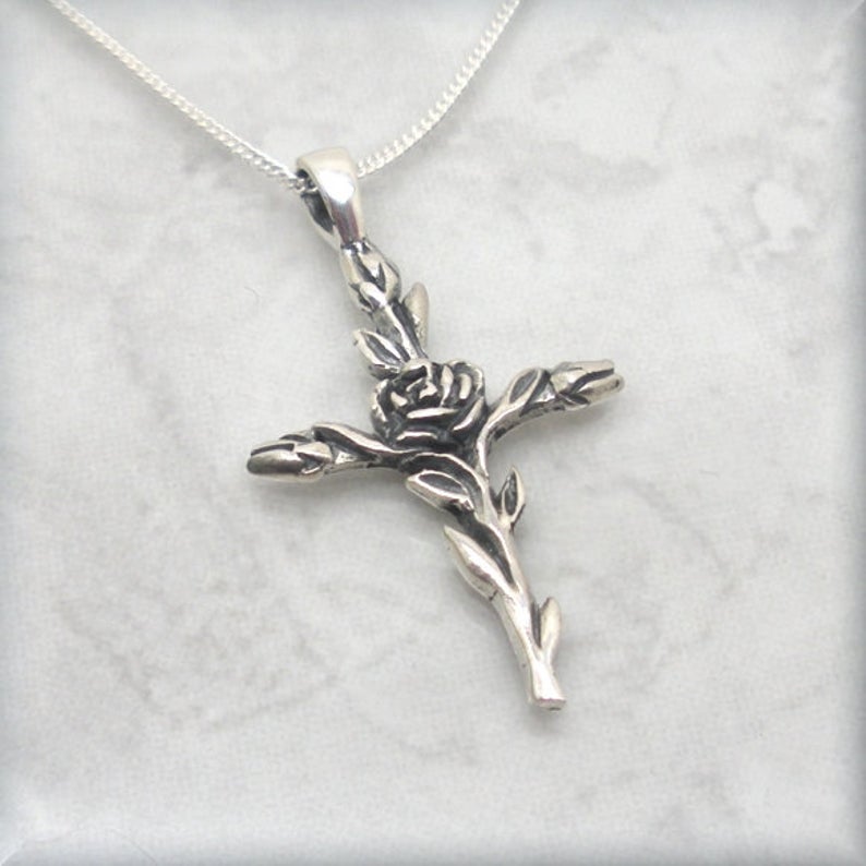 cross with climbing rose sterling silver