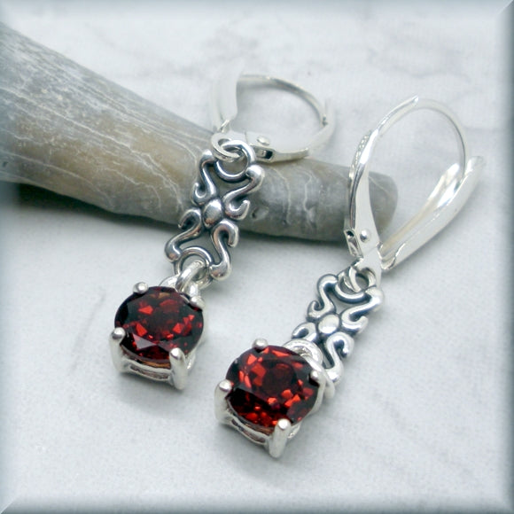 Round Garnet Earrings with Knot Accent - January Birthstone