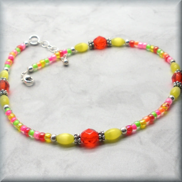 adjustable anklet in warm bright colors and sterling silver