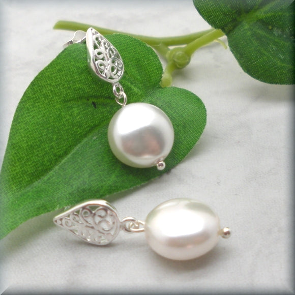 White Coin Pearl Drop Earrings in Sterling Silver with Filigree Posts