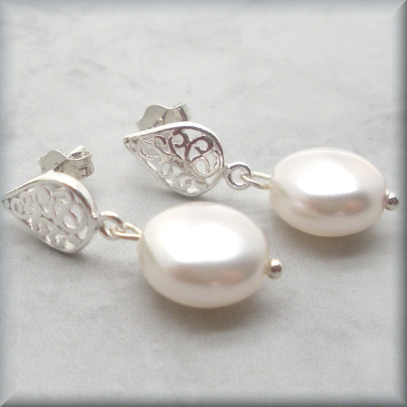 sterling silver filigree post coin pearl earrings