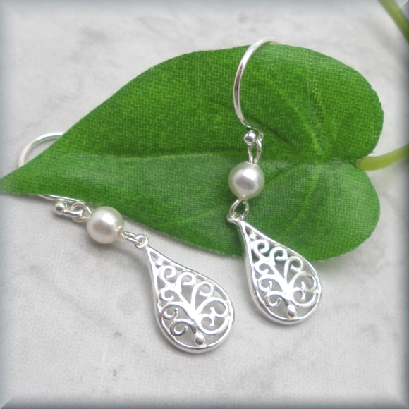 Silver Filigree Earrings with Pearl Accent - Sterling Silver - Bonny Jewelry
