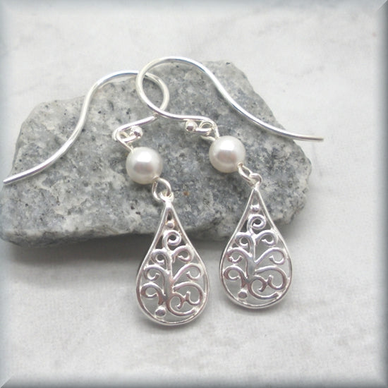 Silver Filigree Earrings with Pearl Accent - Sterling Silver - Bonny Jewelry