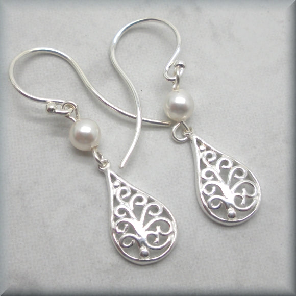 Silver Filigree Earrings with Pearl Accent - Sterling Silver - Bonny Jewelry