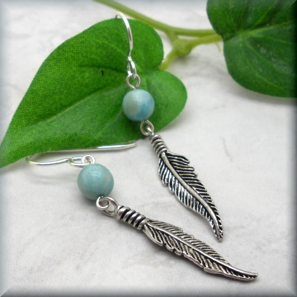 sterling silver feather earrings with jasper accent