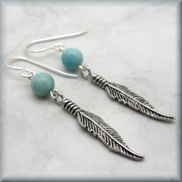 gemstone earrings with sterling silver feathers